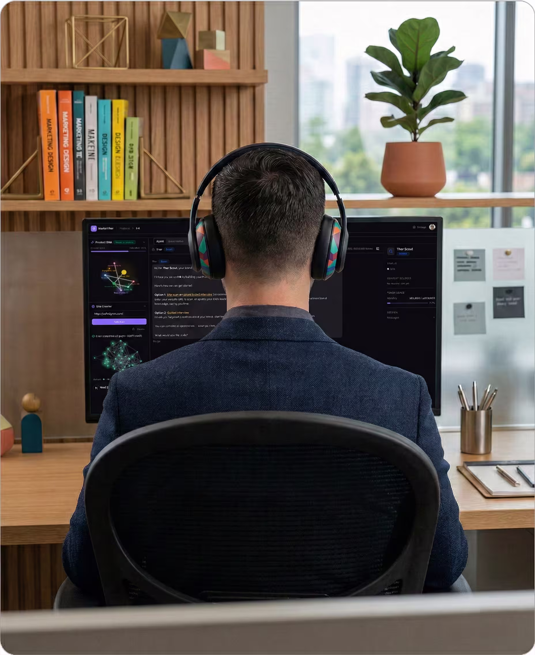 Profesional de marketing B2B trabajando en un escritorio con dos monitores