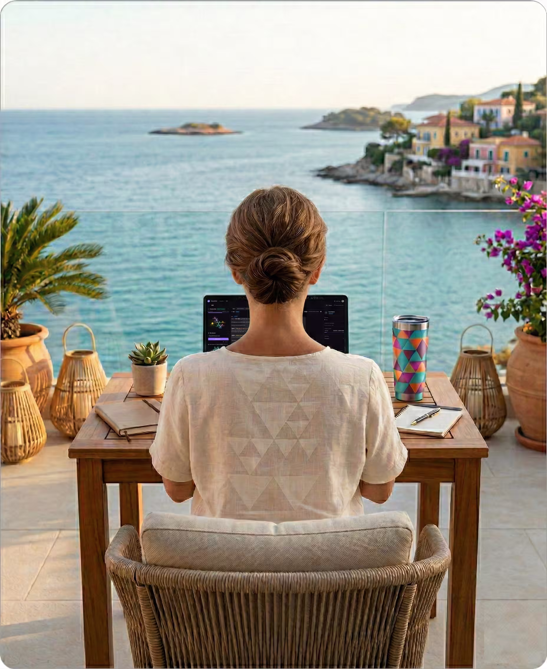 Emprendedor B2C trabajando en remoto con un portátil junto al mar